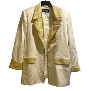 VTG Solini NY 80s Blazer Women 20 Glam Formal Rhinestone Open Front Gold Ivory